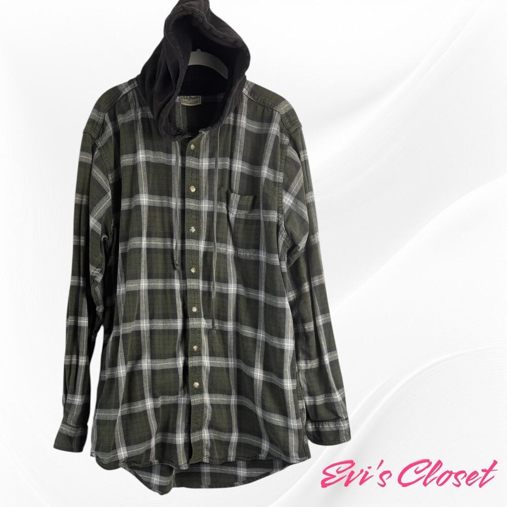 LL Bean Plaid Green Button Up Light Flannel Corduroy Hoodie Shirt Sz XL